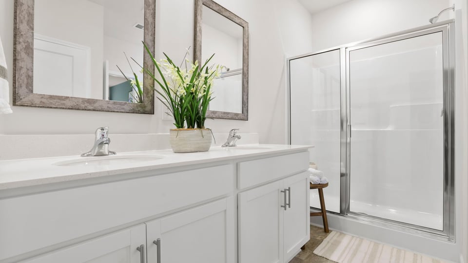 Bathroom with double vanity sink and walk in shower.
