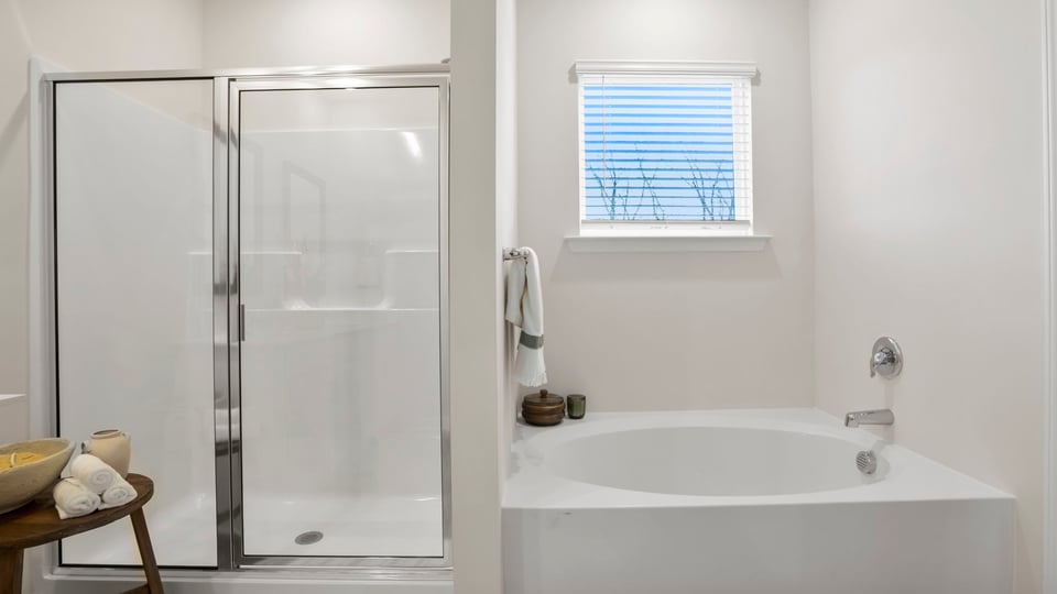 Bathroom with walk in shower and bathtub.
