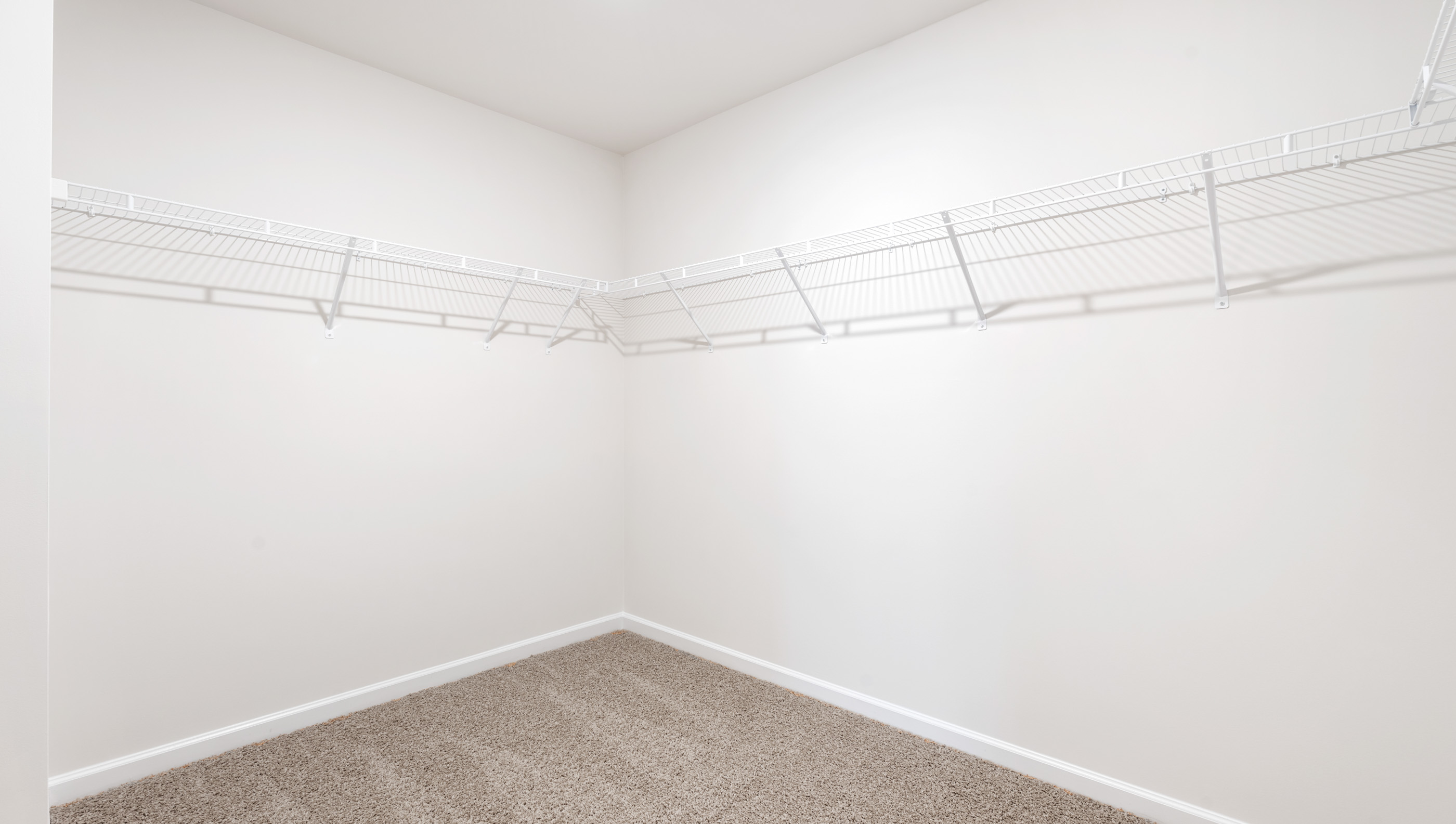 Walk in closet with hanging shelves.
