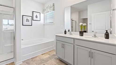 Bathroom with double sink vanity and tub.