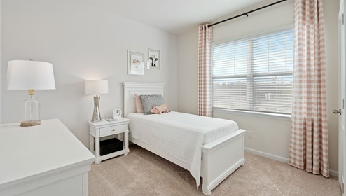 Bedroom with carpet and window.