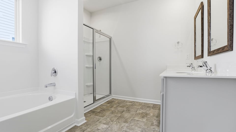 Bathroom with vanity, tun and walk in shower.