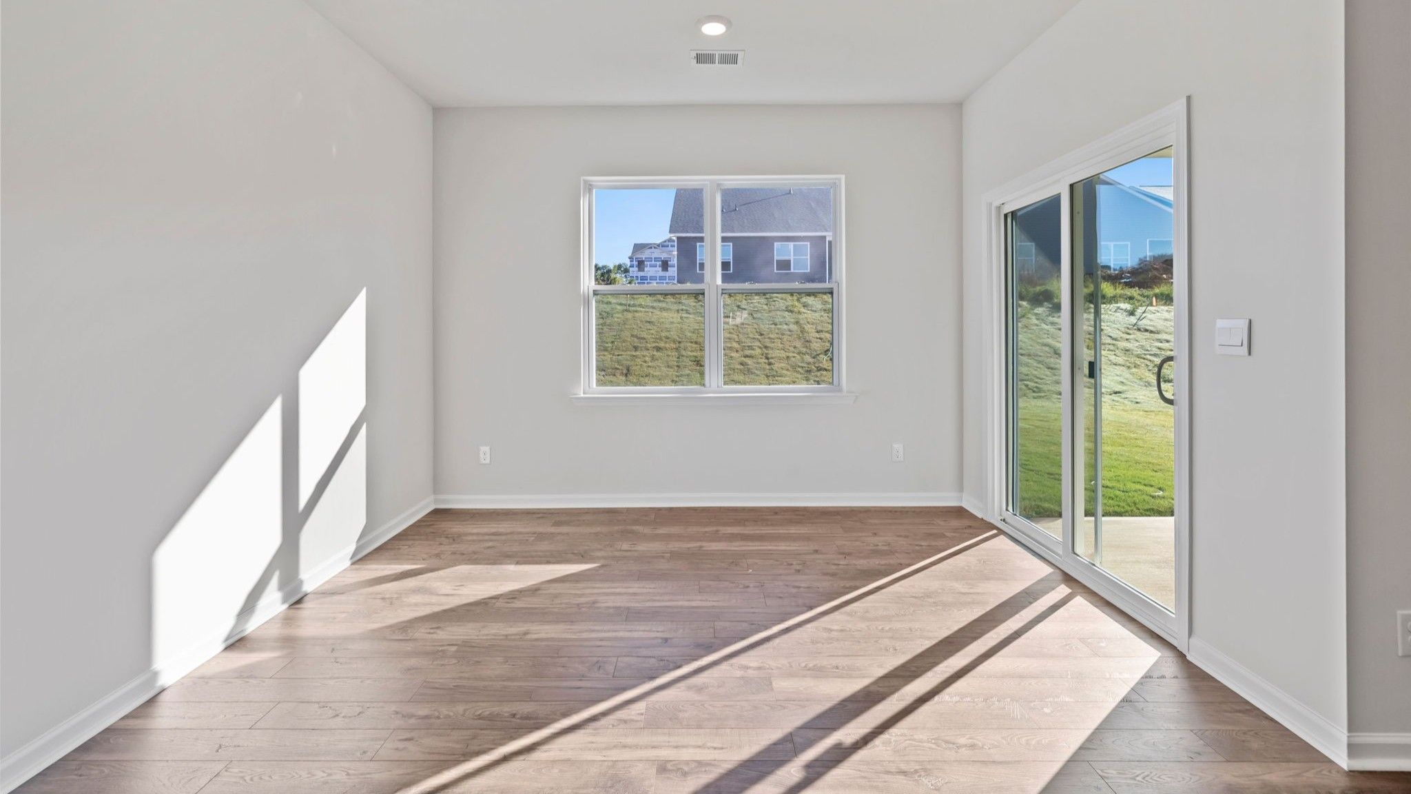 Dining room with windows.