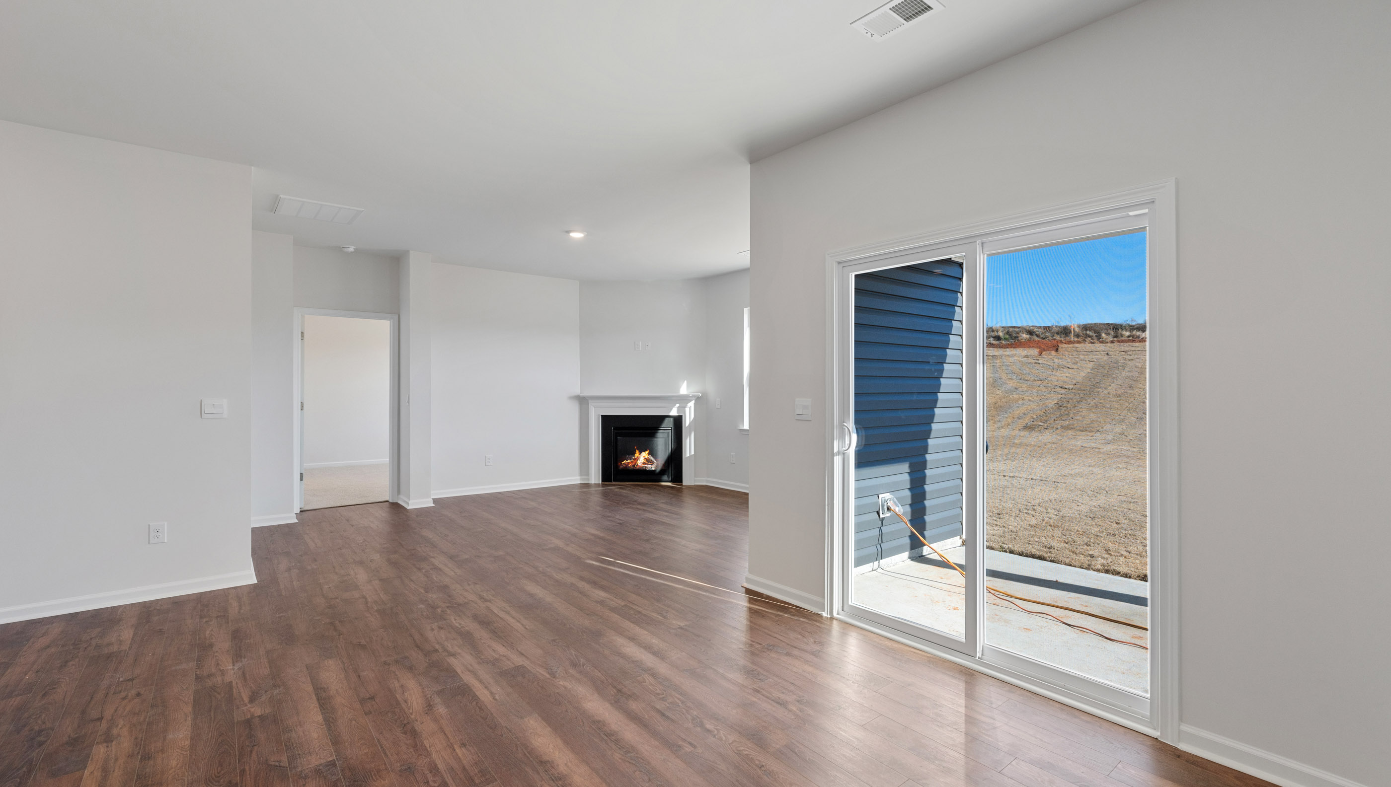 Dining room with sliding doors.