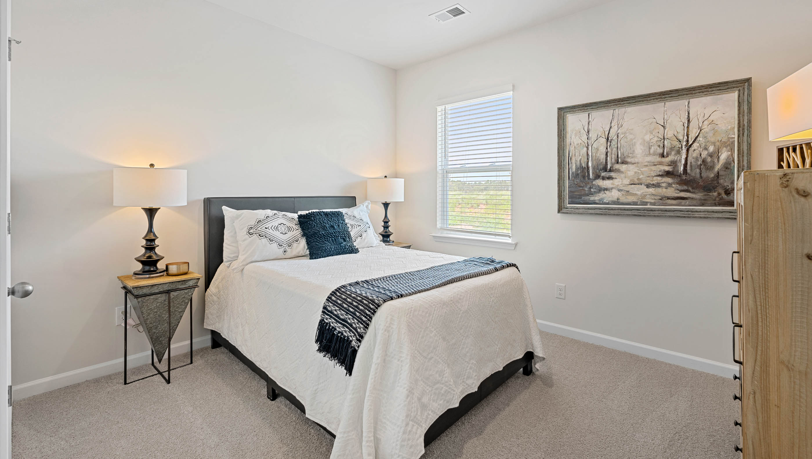 Bedroom with carpet and window.
