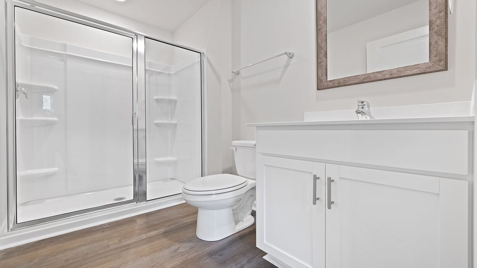 Primary bathroom with vanity and walk-in shower.