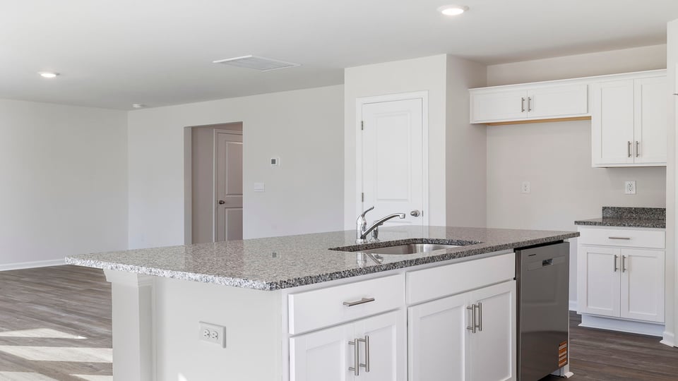 Kitchen island hosts the sink and dishwasher.
