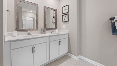 Bathroom with double vanity sink.