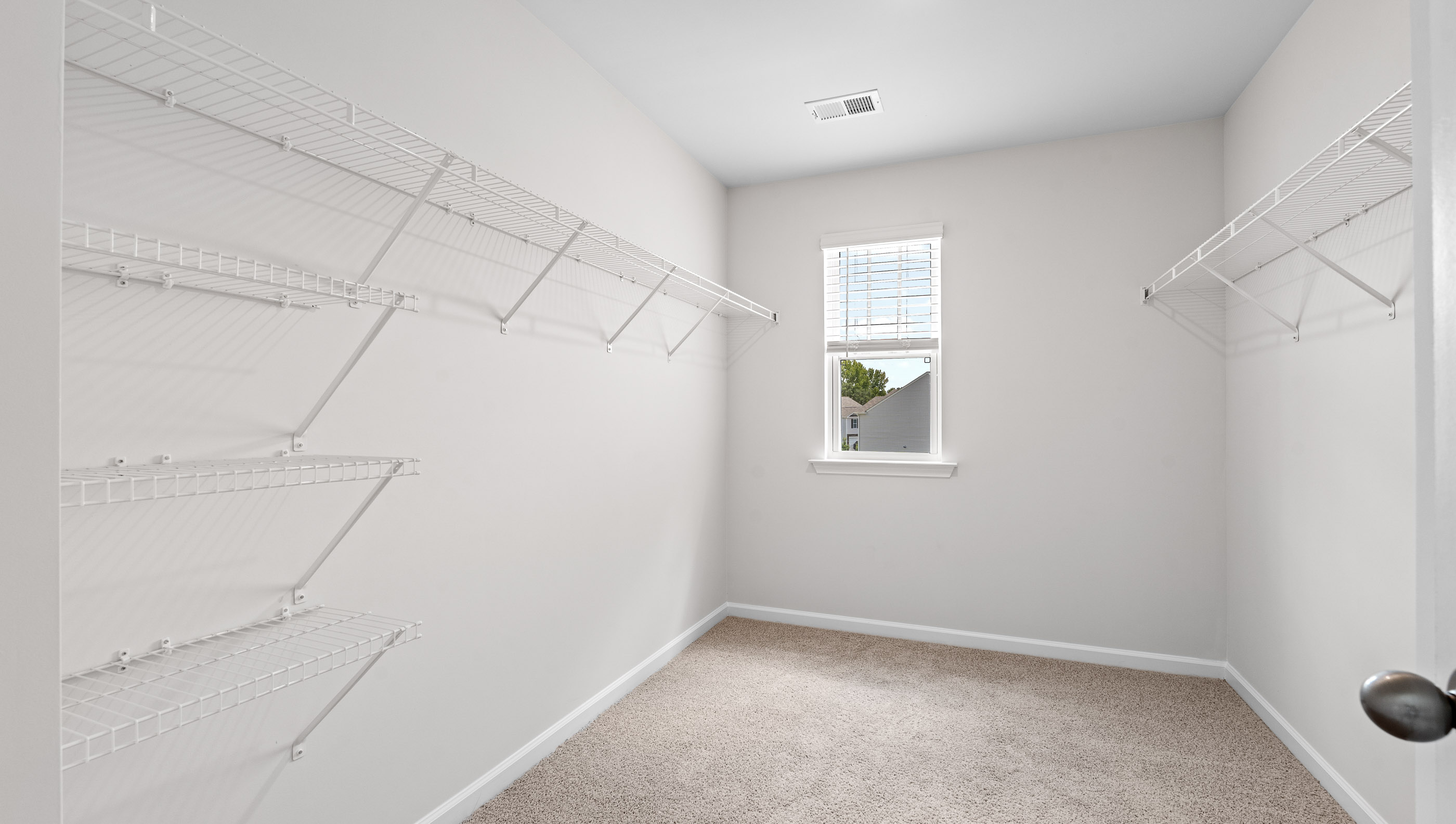 Primary closet with carpet and window.