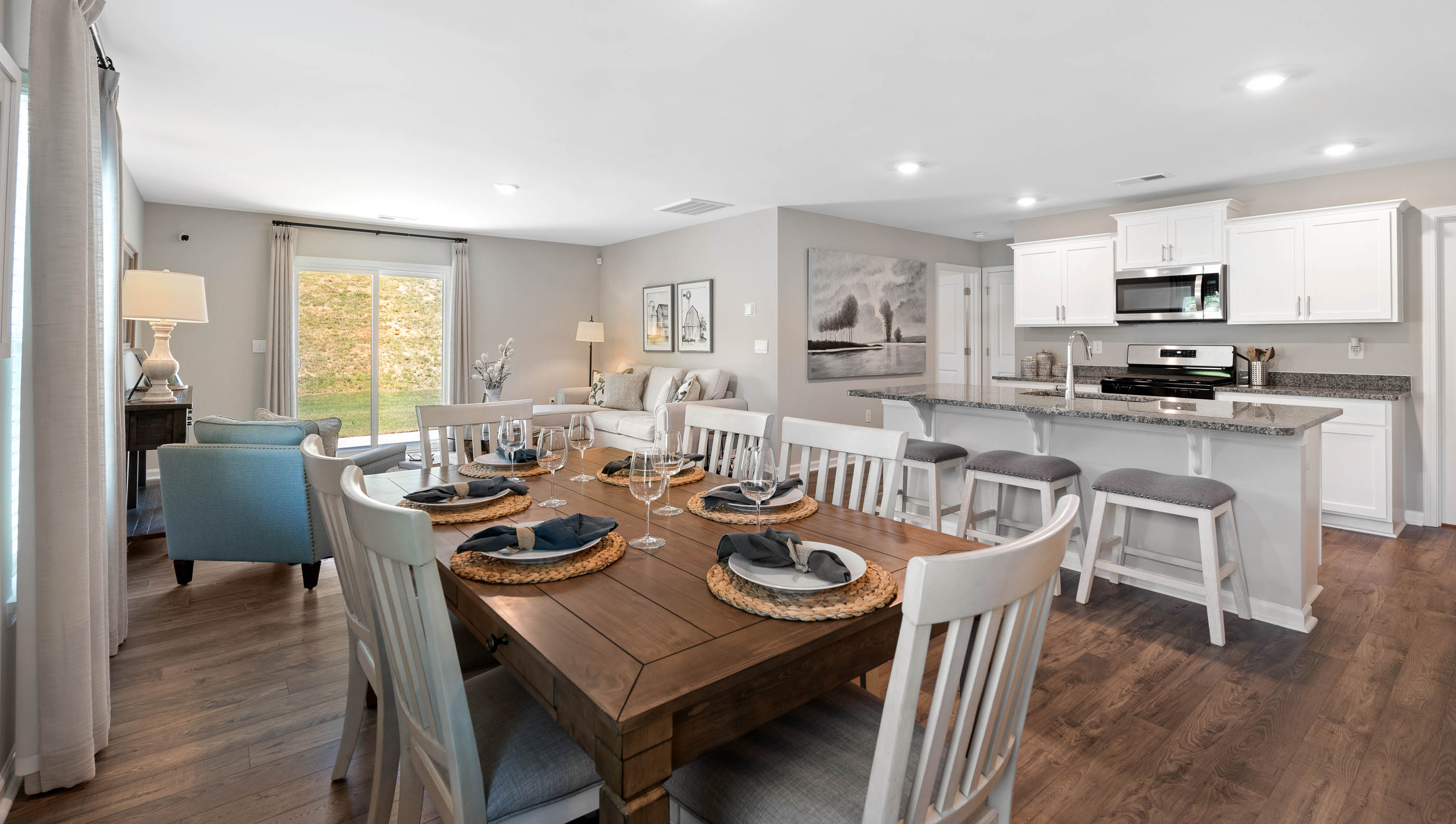 Dining area with view of kitchen.