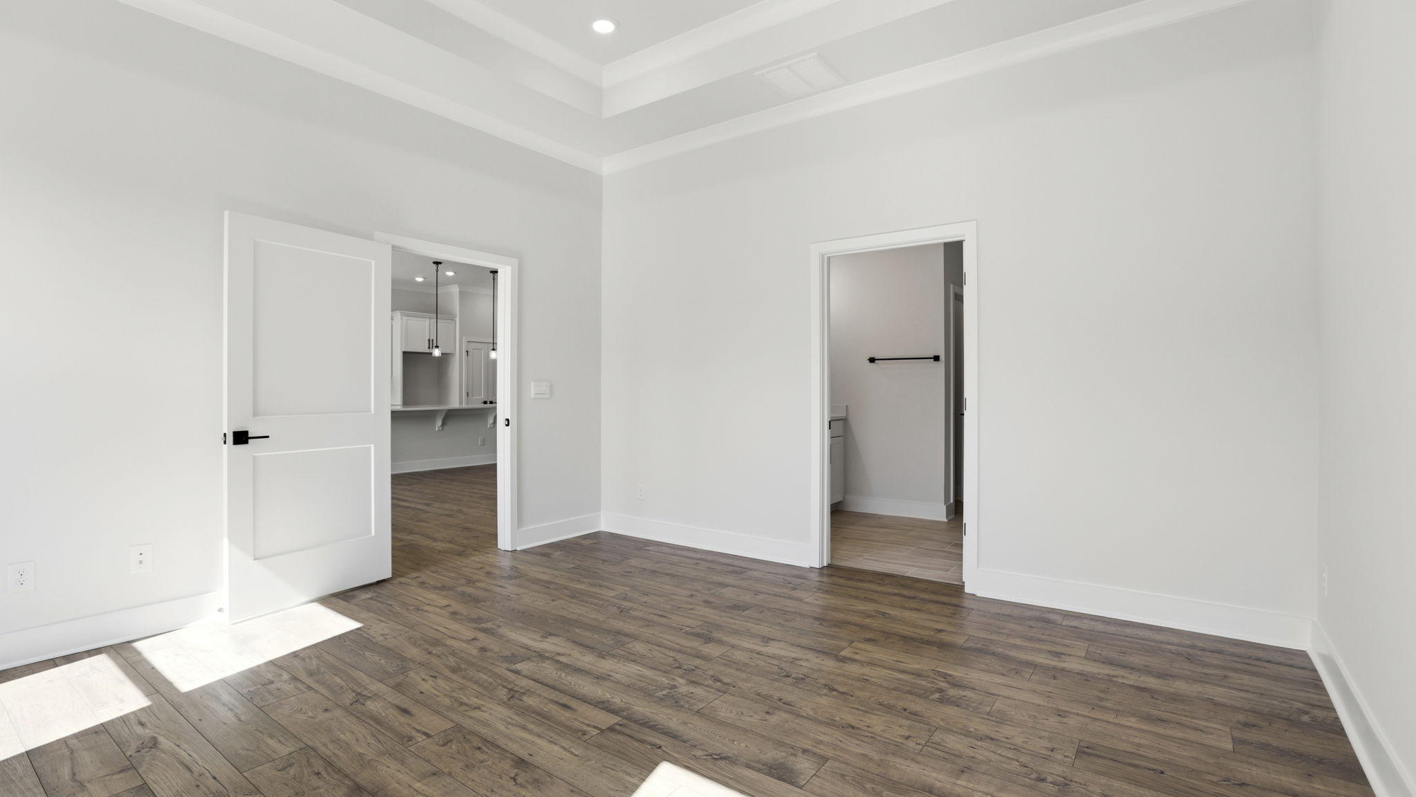Primary bedroom on main level with trey ceiling and two large windows.