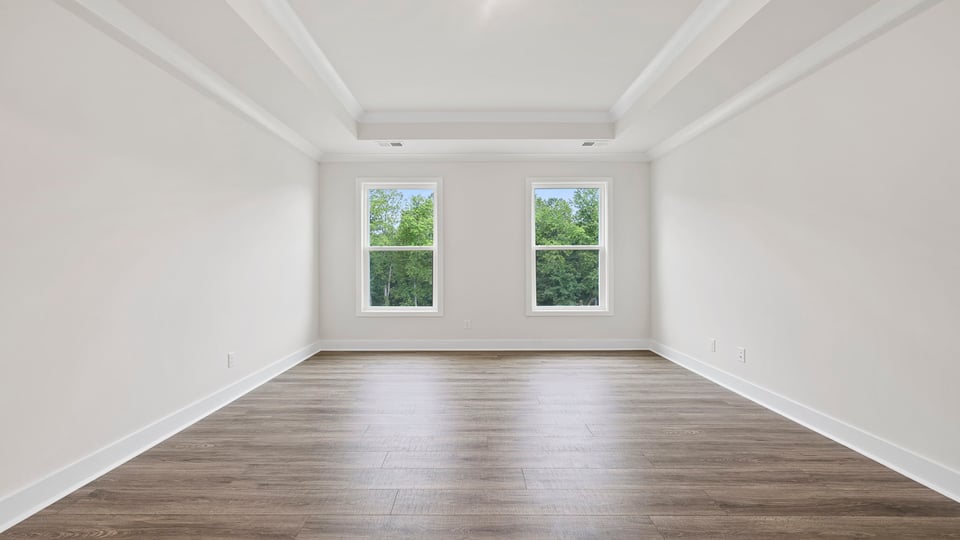 Primary bedroom with trey ceiling, large window and carpet on main level.
