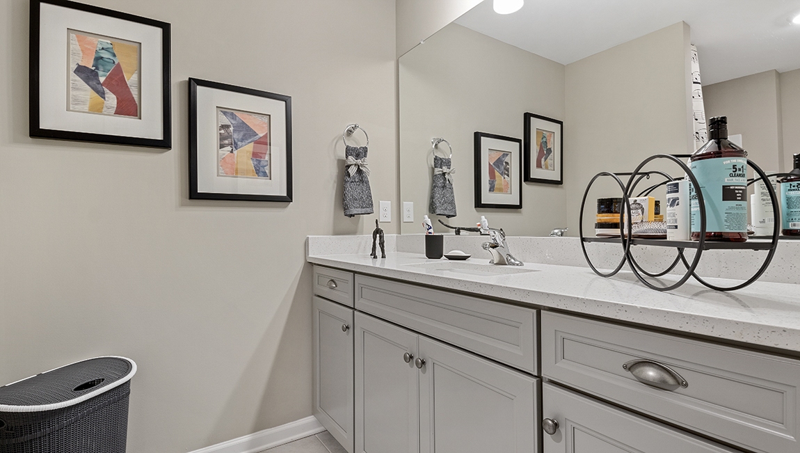 Bathroom with double vanity sinks.