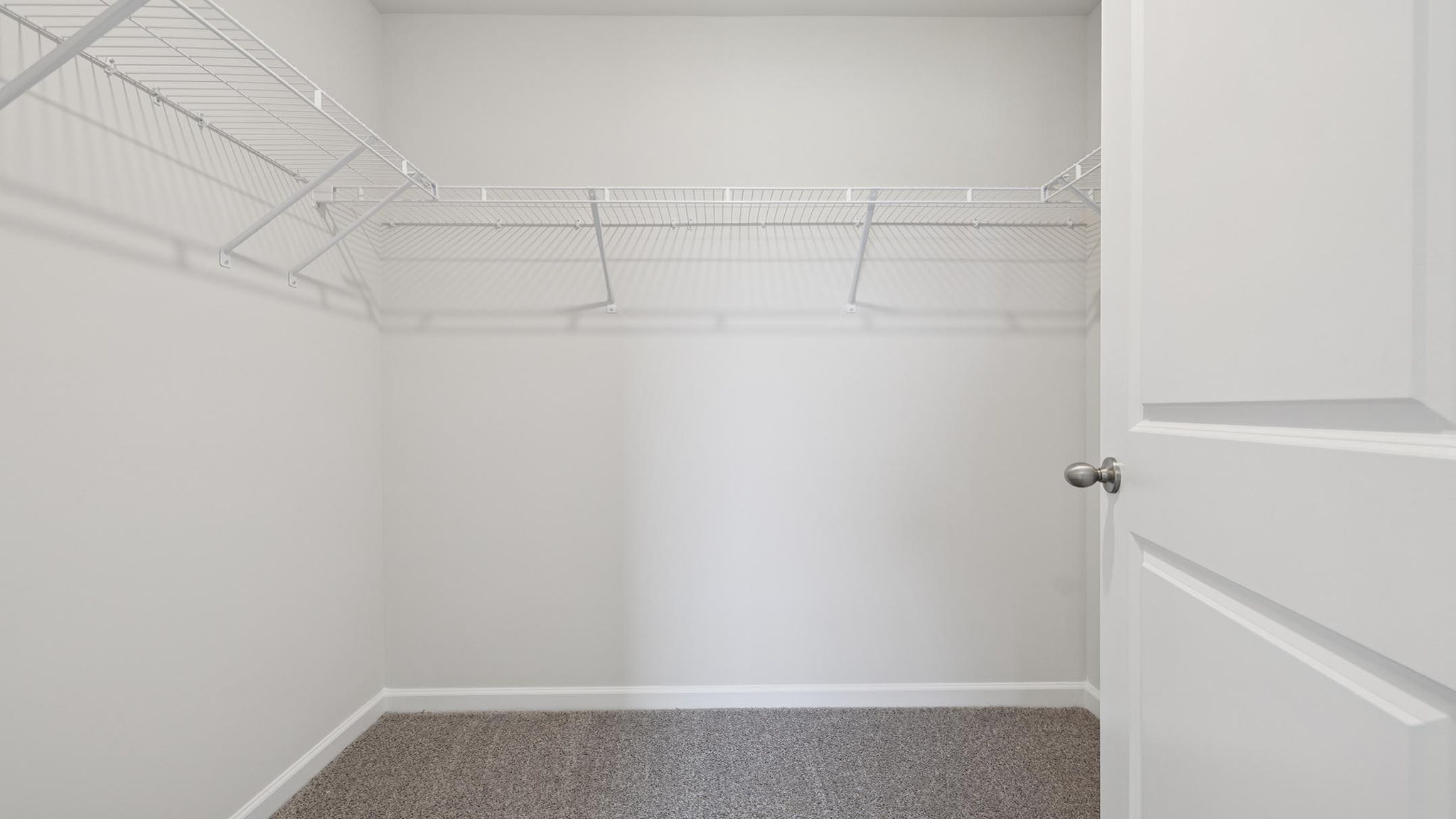 Primary closet with carpet and shelf.