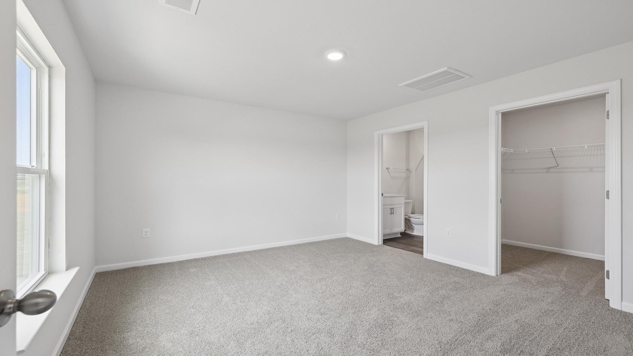 Primary bedroom with carpet and windows.