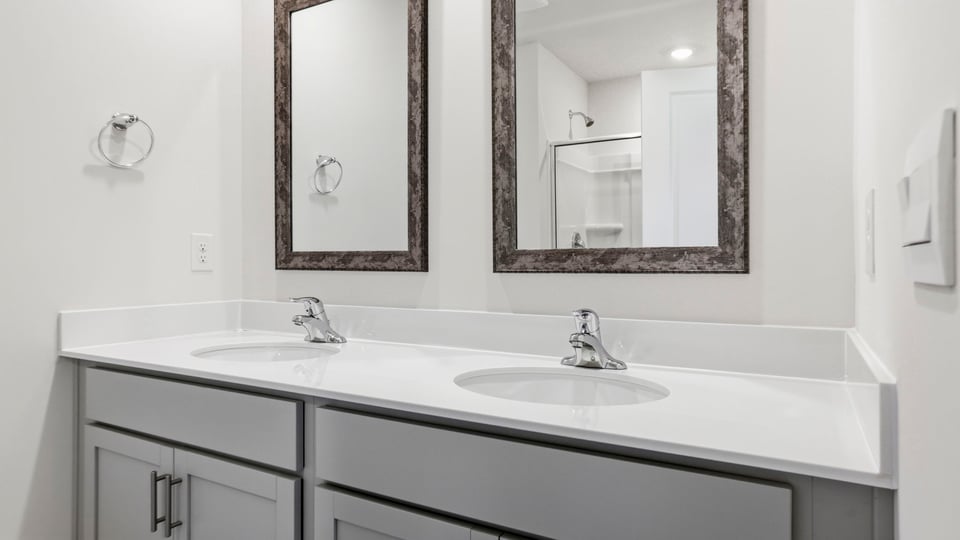 Bathroom with double vanity sink.