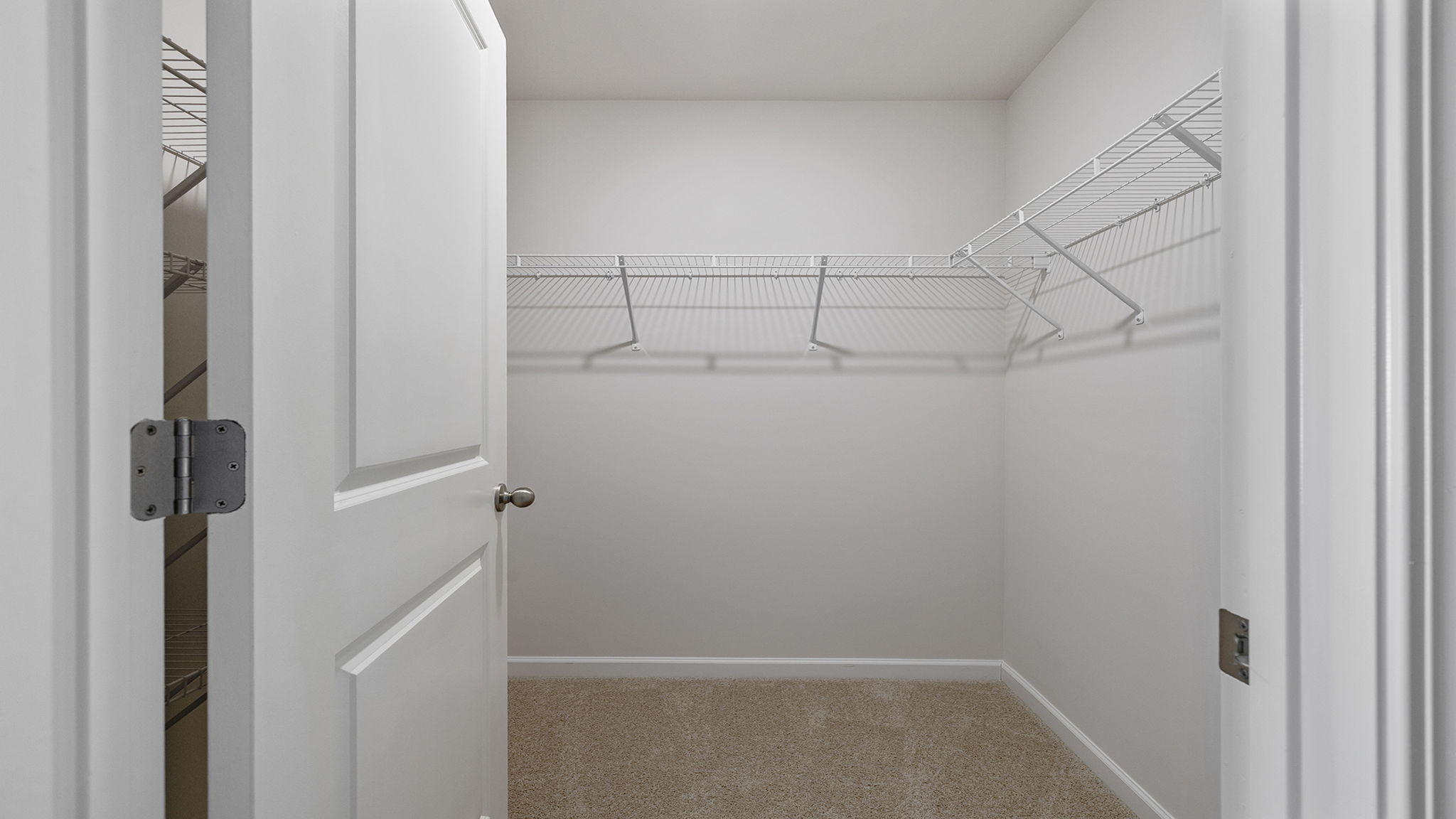 Primary closet with carpet and shelf.