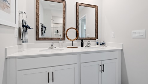 Bathroom with double vanity sink.