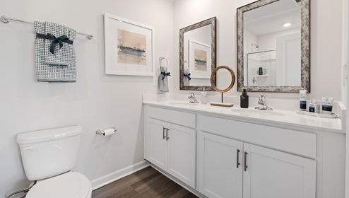 Bathroom wih double vanity sink.