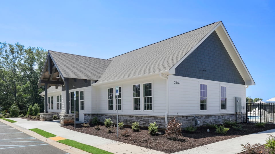 Clubhouse amenity exterior with parking.