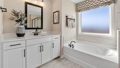Bathroom with double vanity sink and bathub.
