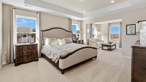 Primary bedroom with carpet and windows.