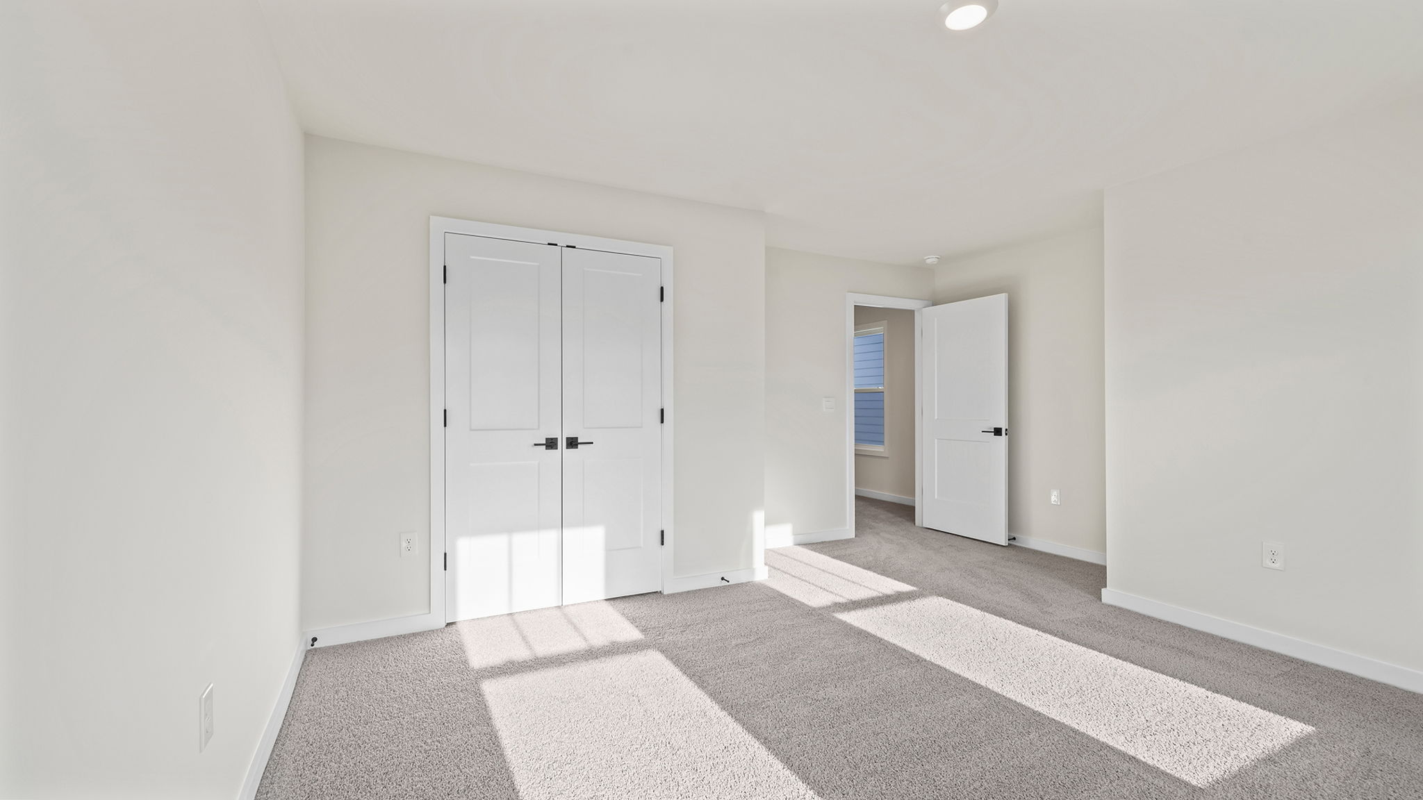 Bedroom with window and carpet.
