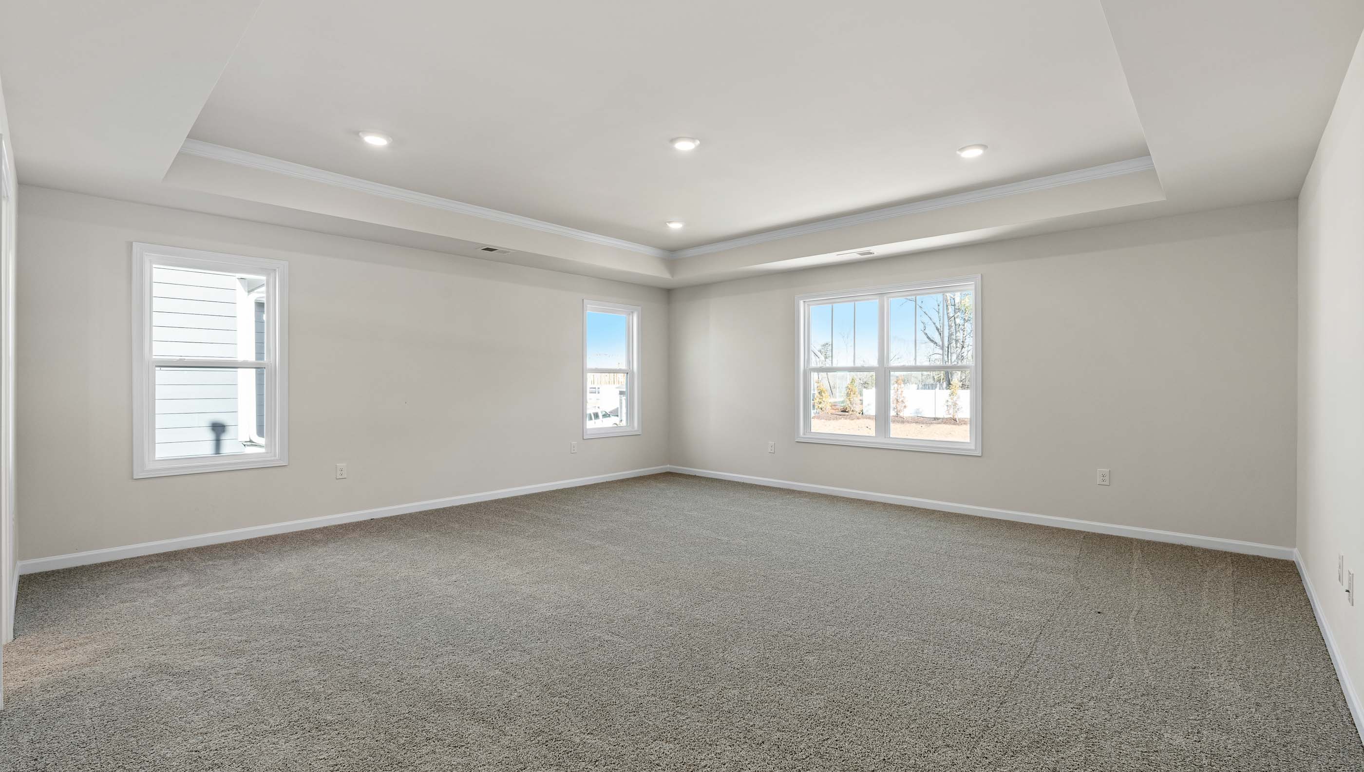 Primary bedroom with carpet and windows.