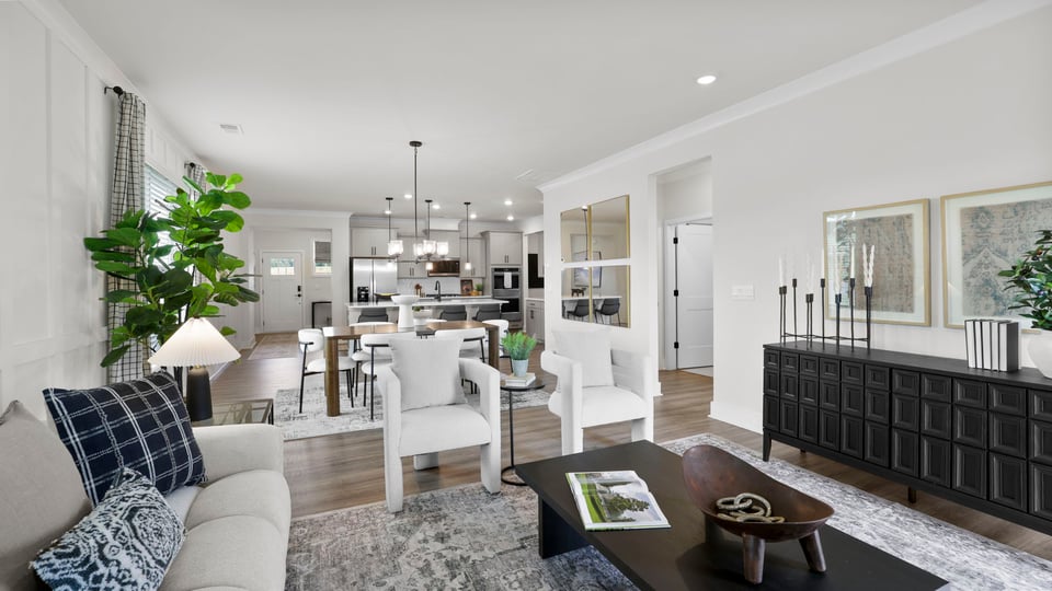 Living area with windows and fireplace.