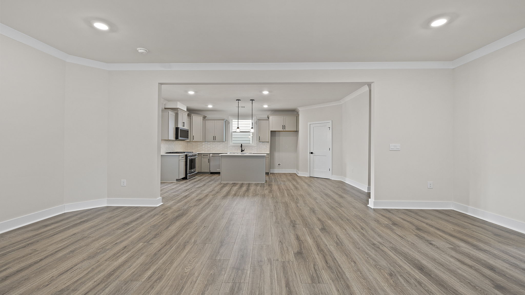 View from family room of kitchen.