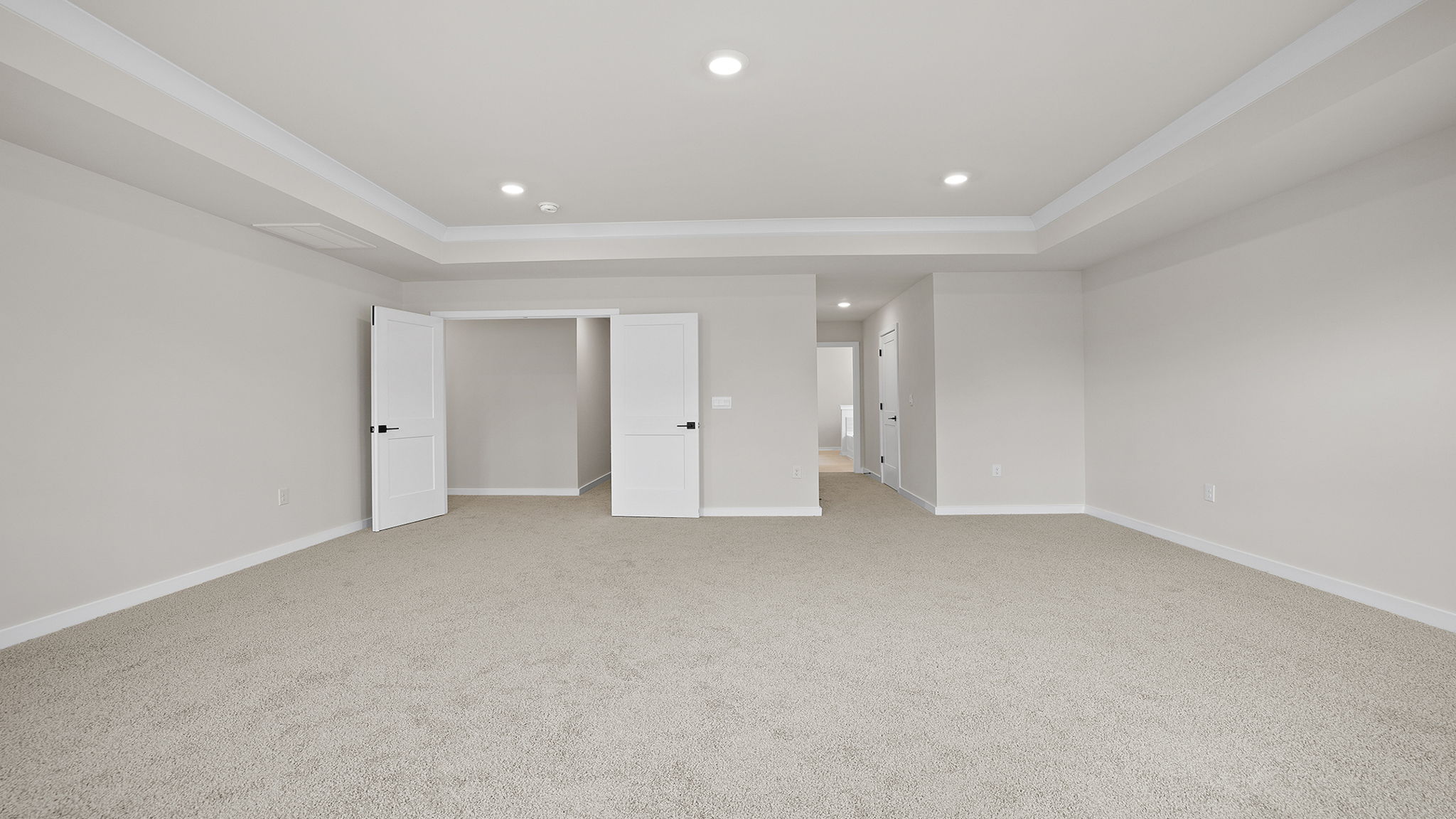 Primary bedroom with lots of windows, trey ceiling and recessed lighting.