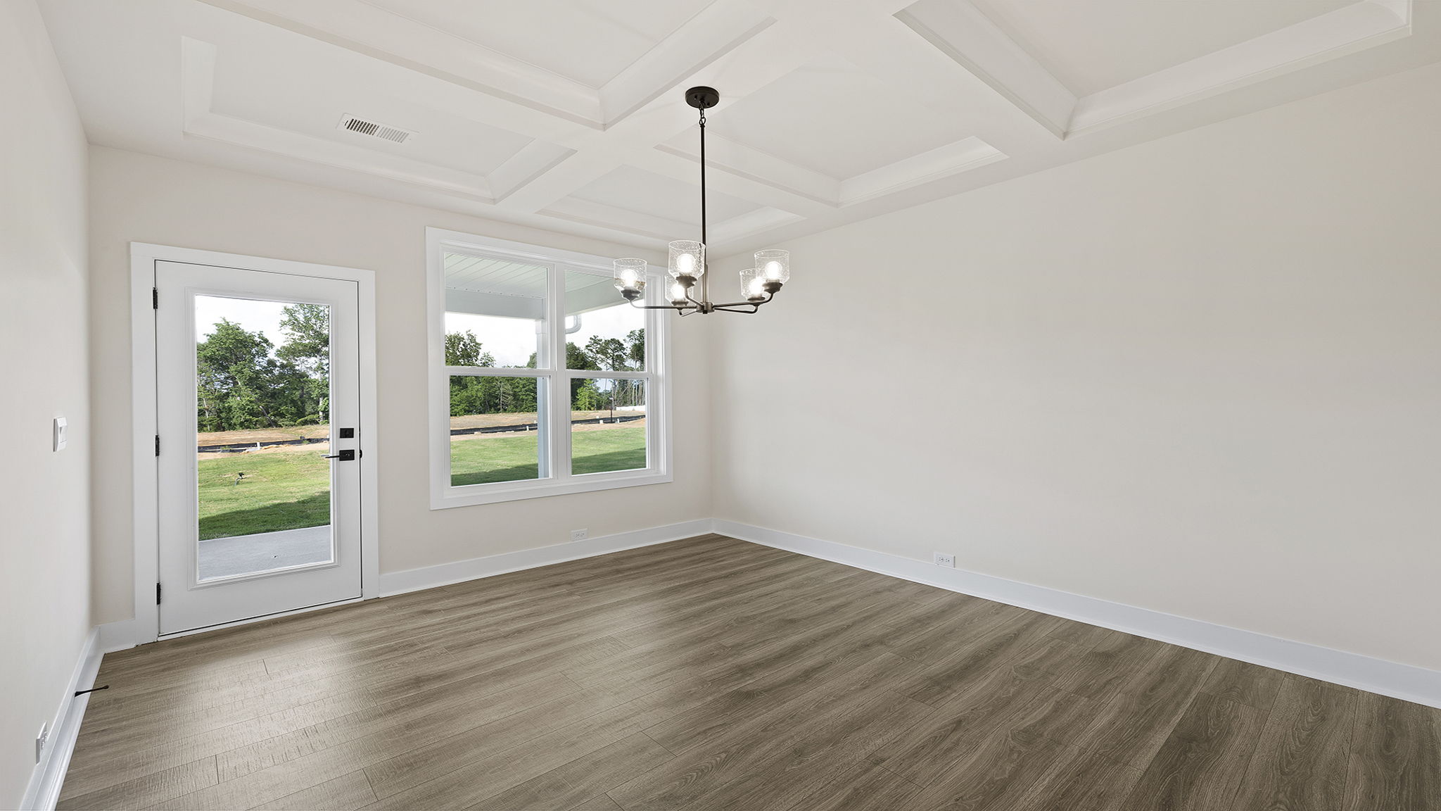 Dining room with windows.