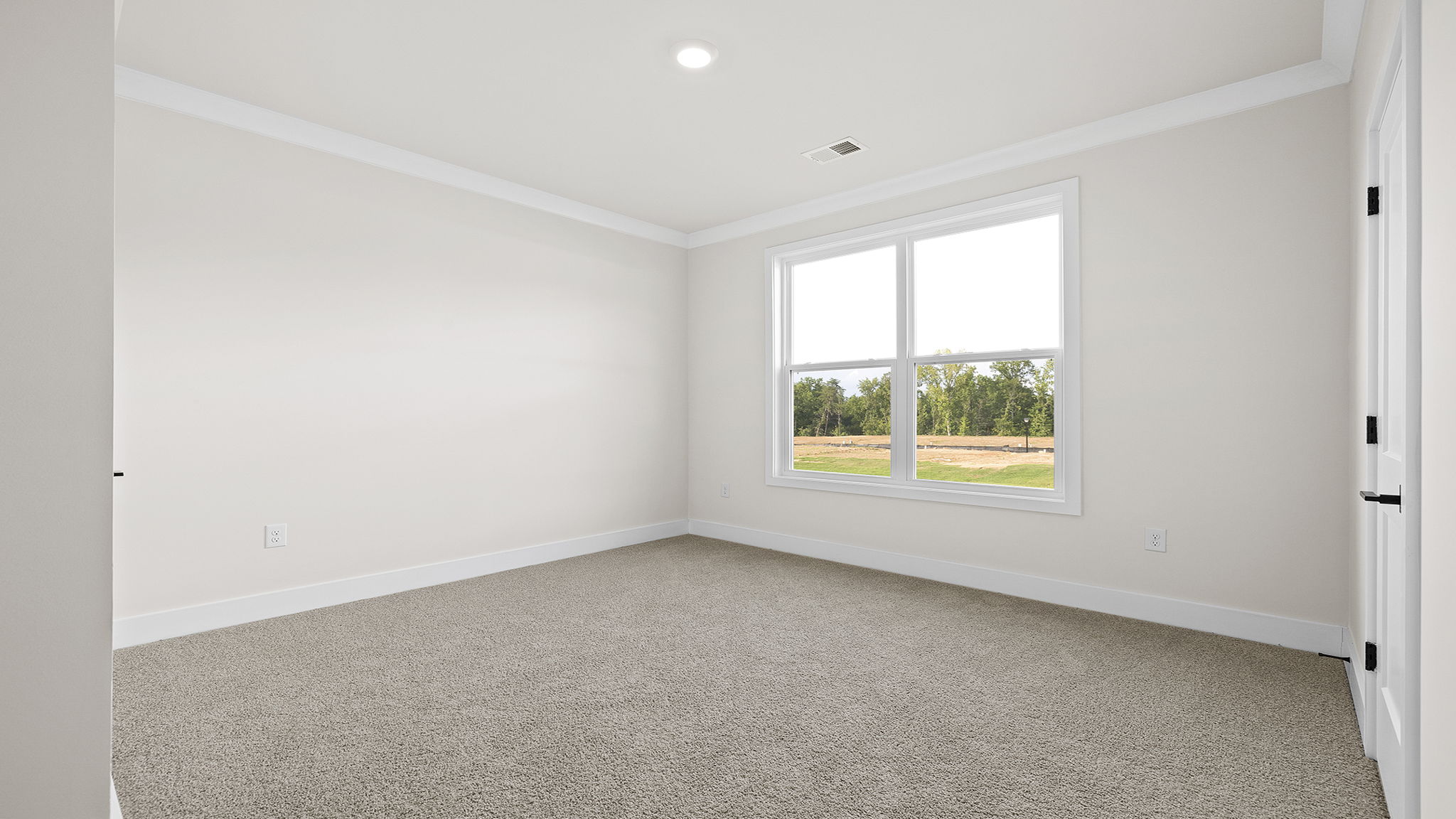 Bedroom with carpet and window.