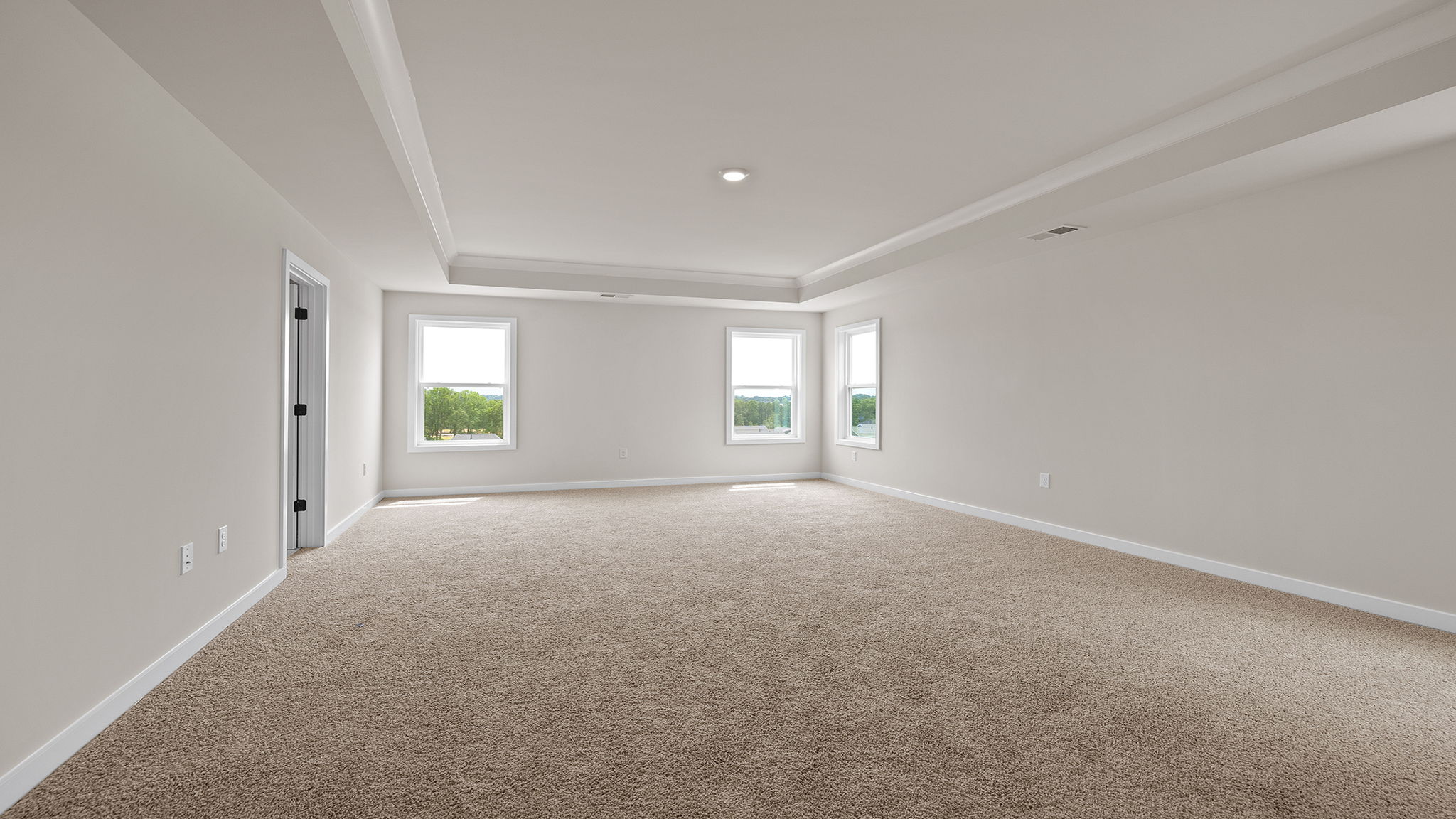 Primary bedroom with carpet and windows.