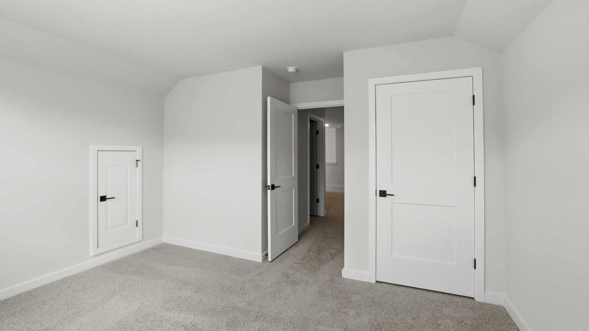 Primary bedroom with carpet and windows.