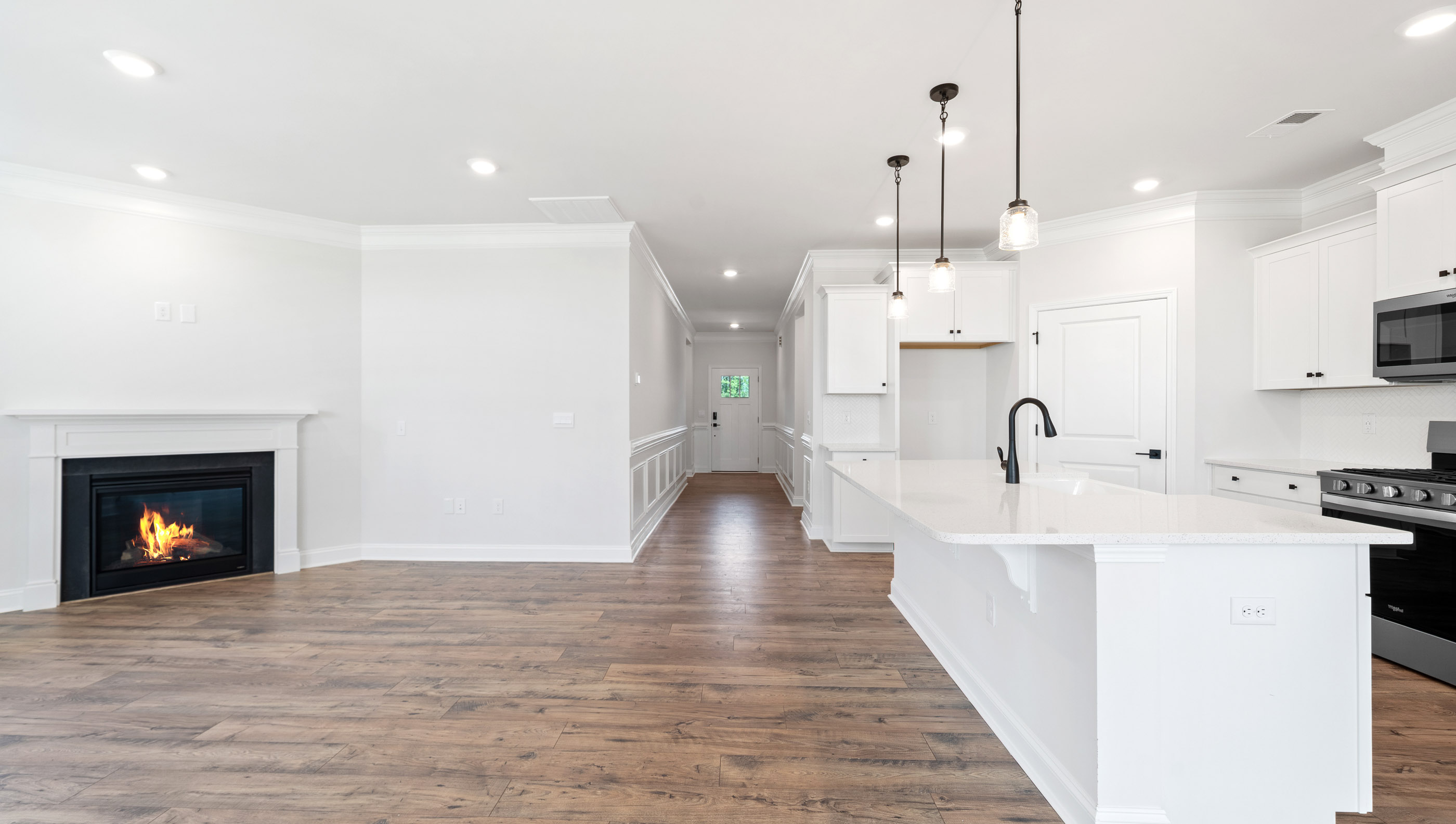 View of kitchen and living area.