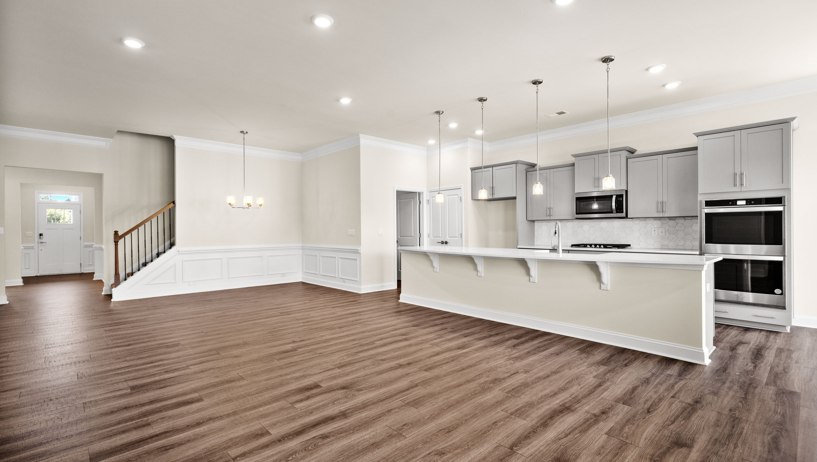 View of kitchen and dining area.