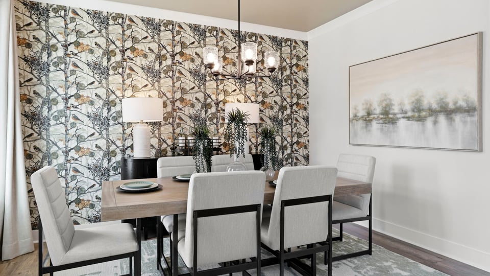 Dining room with windows.