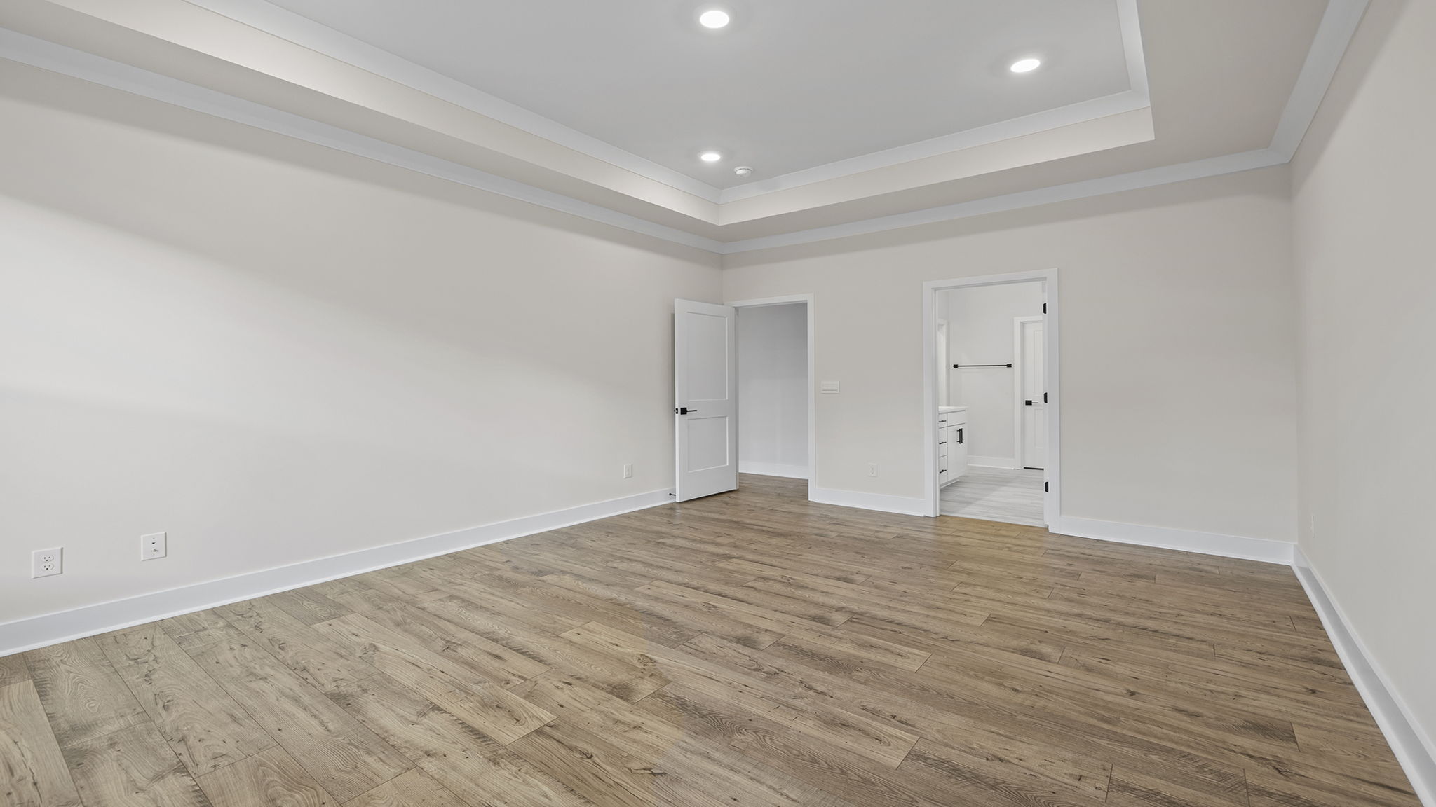Primary bedroom on the main level with two large windows, trey ceiling and recessed lighting.