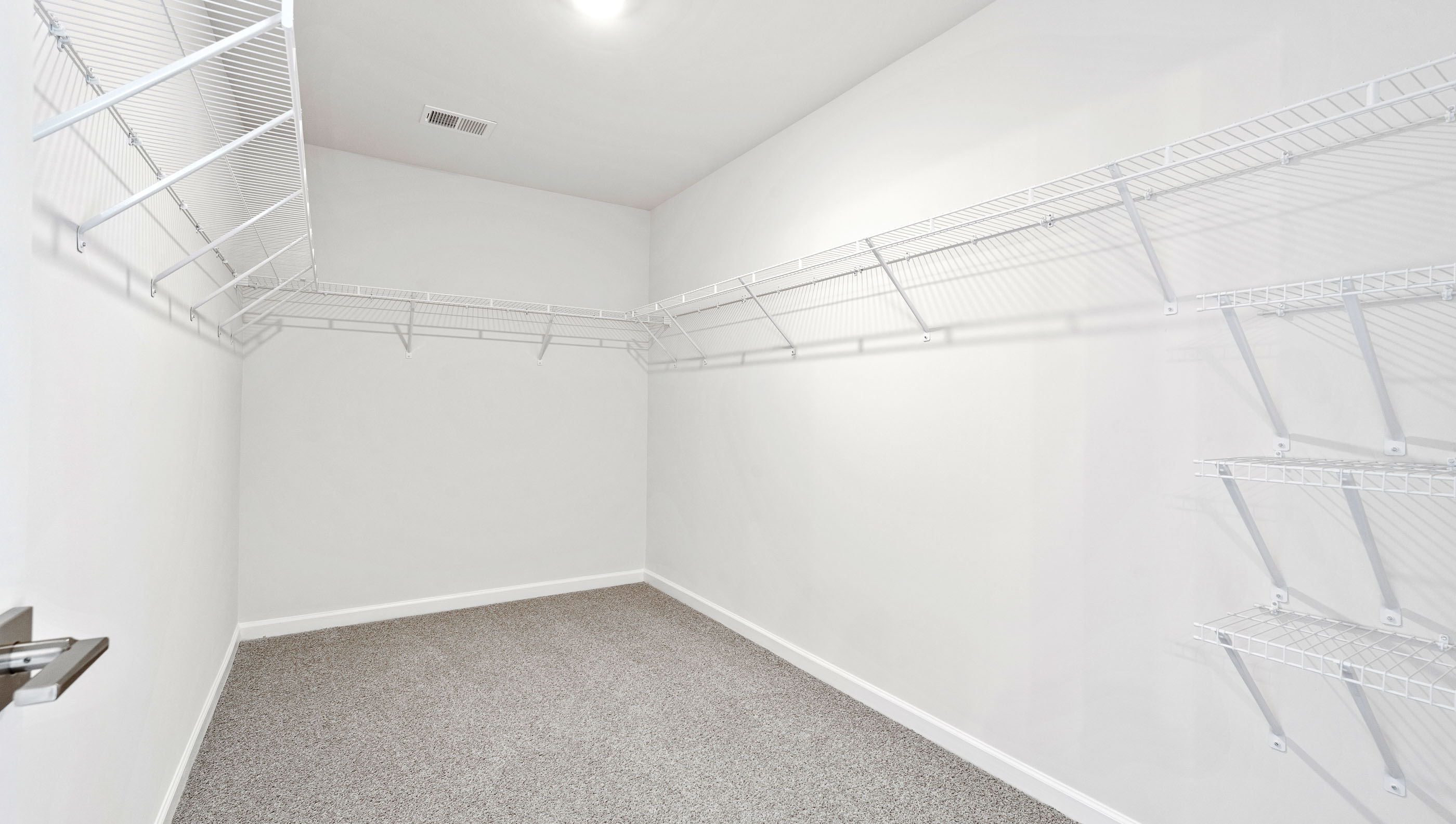 Closet with carpet and hanging storage racks.