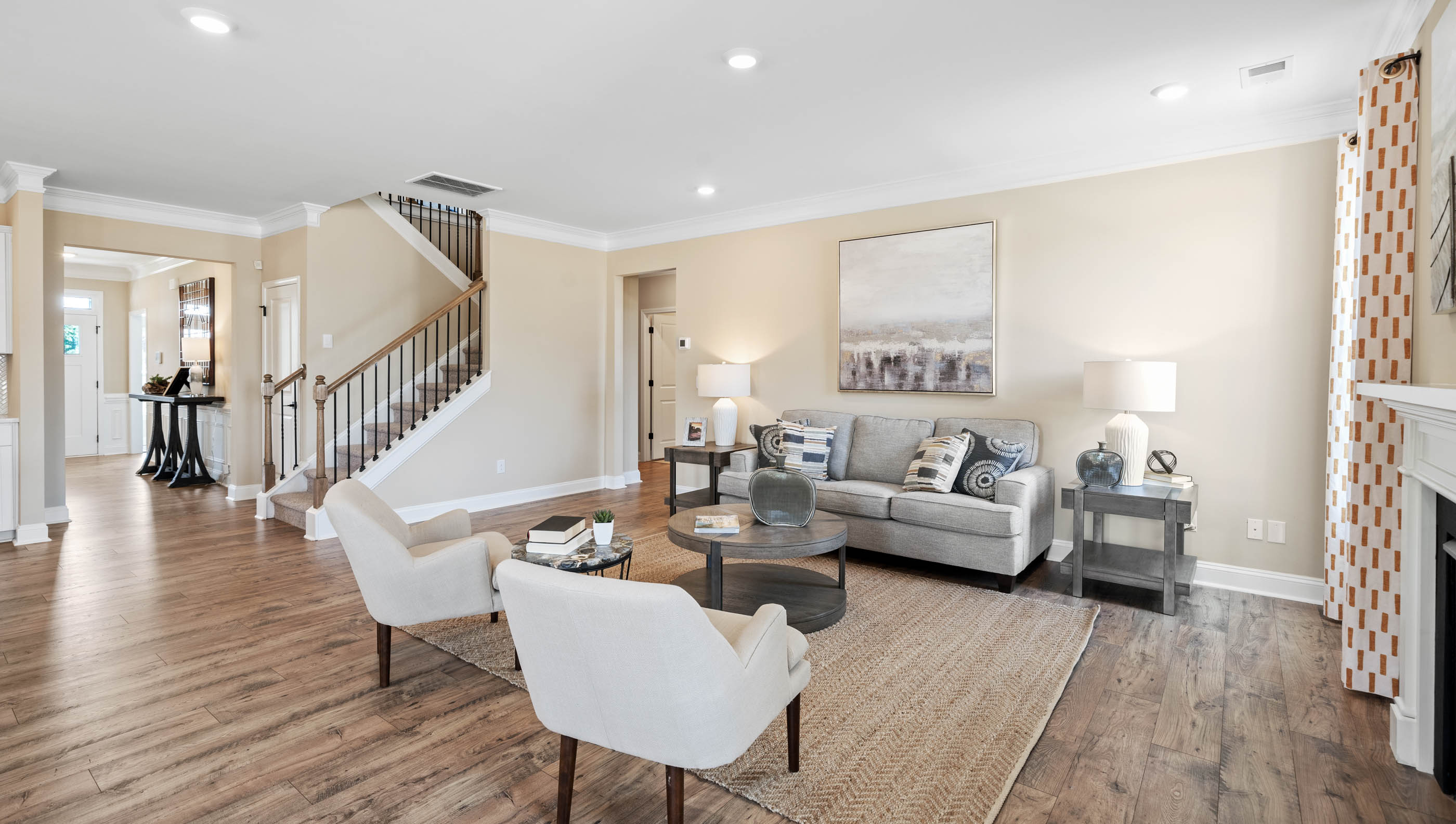 Family room with windows.