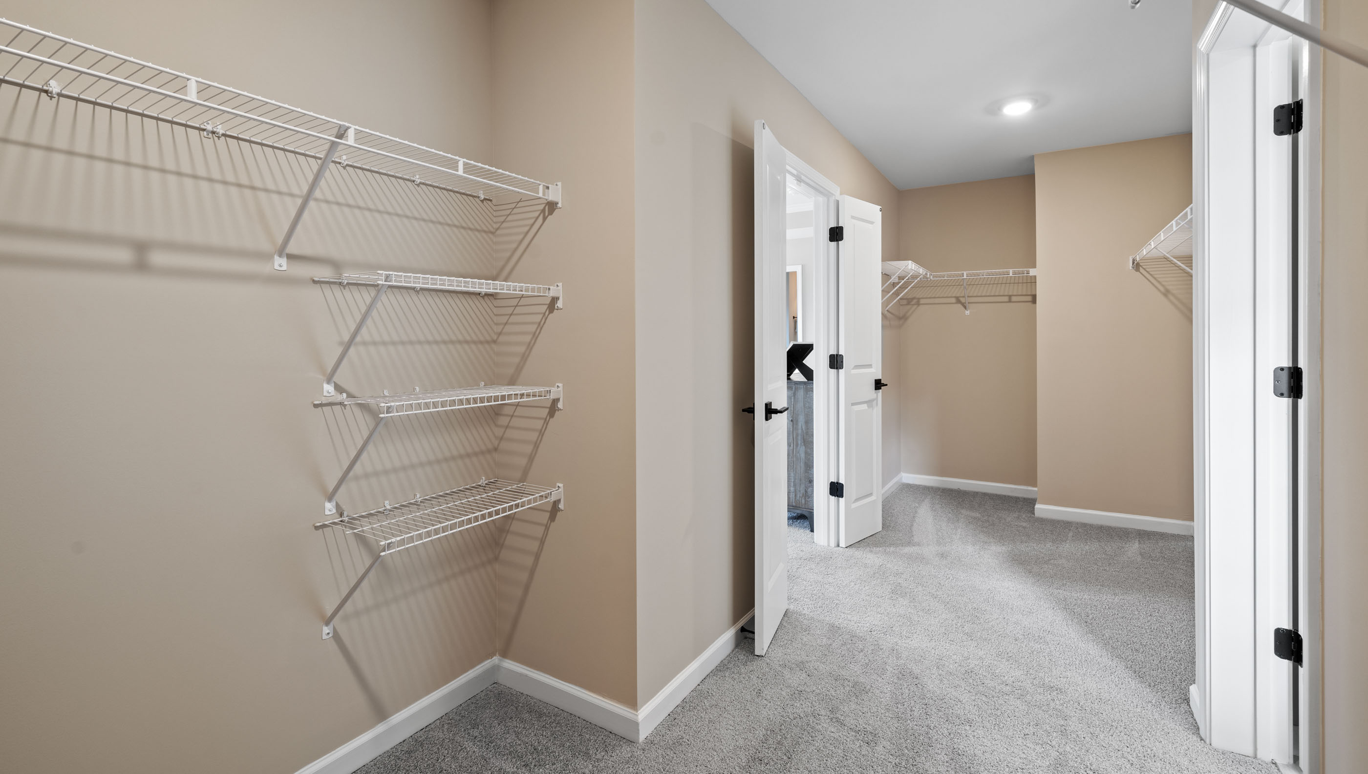 Closet with carpet and hanging storage racks.