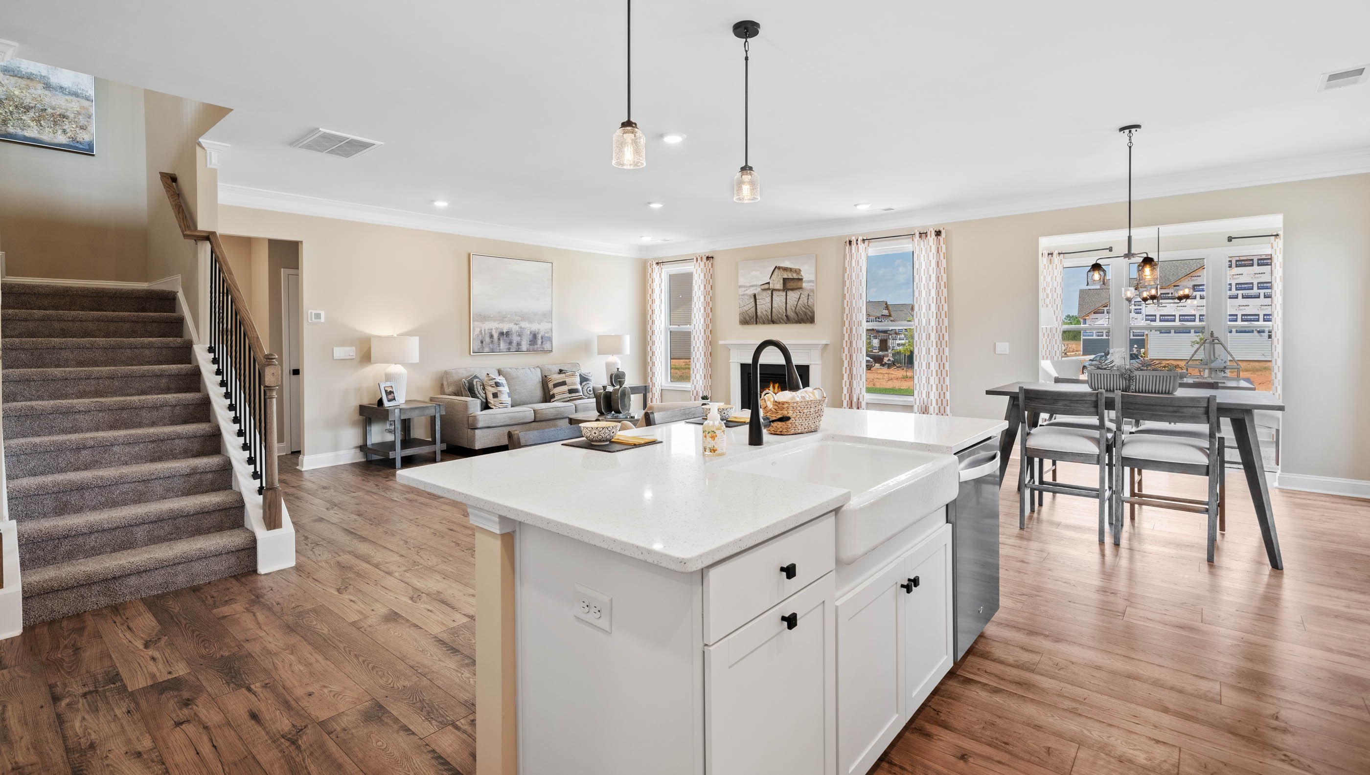 Kitchen with view of stairs.