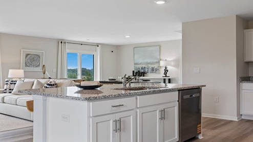 Kitchen and island with granite counter tops.