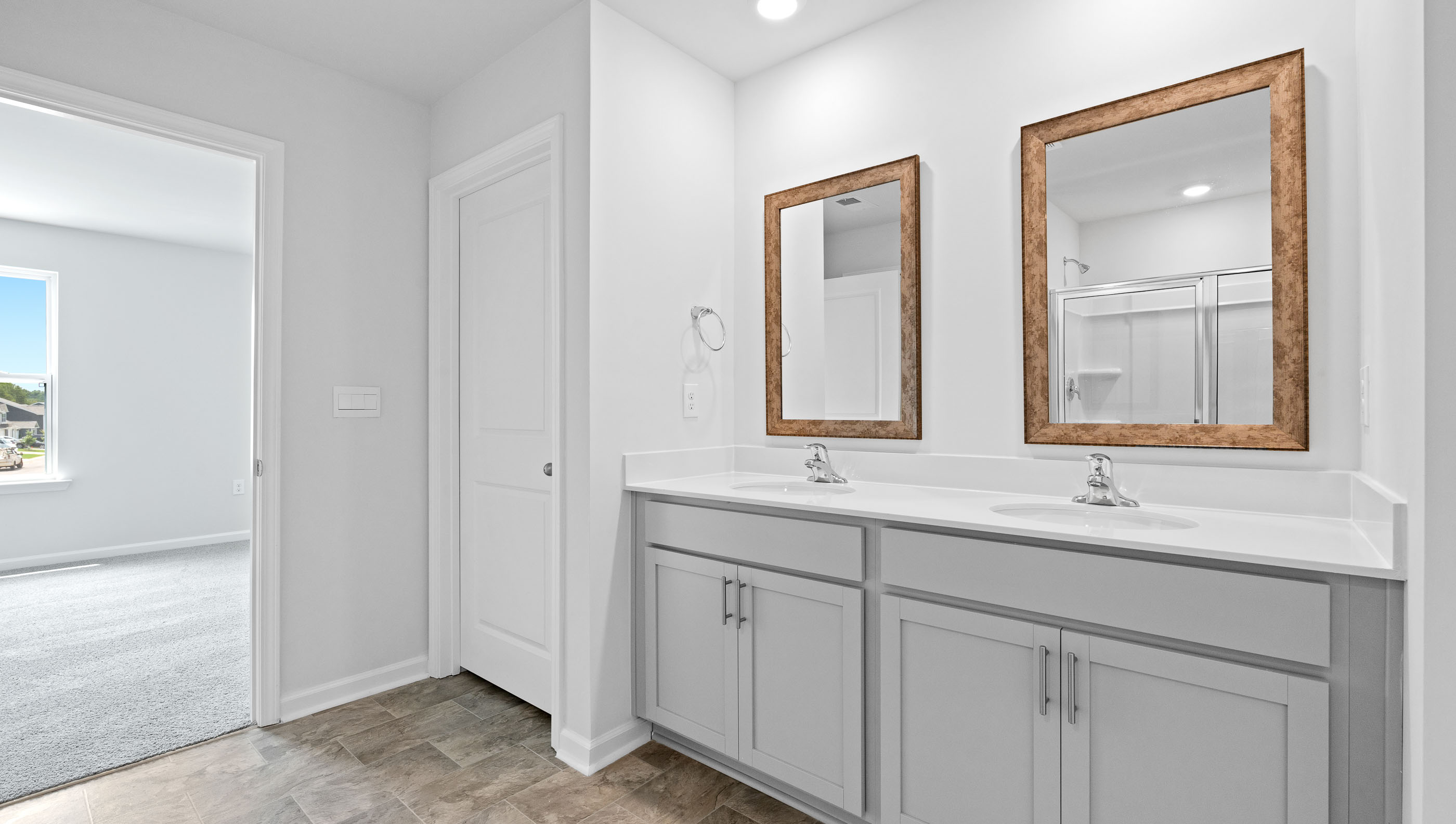 Bathroom with double vanity sink.