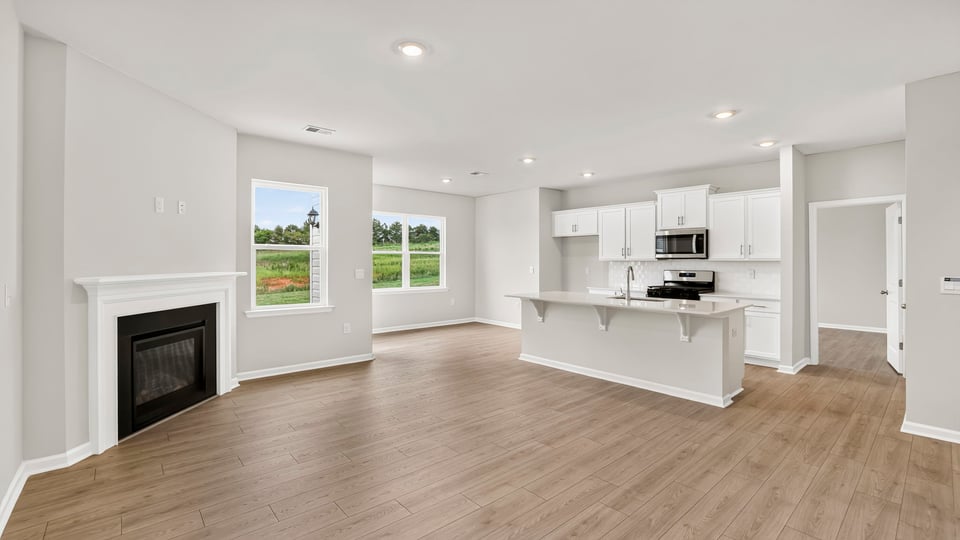 Living area with kitchen, fireplace, and windows