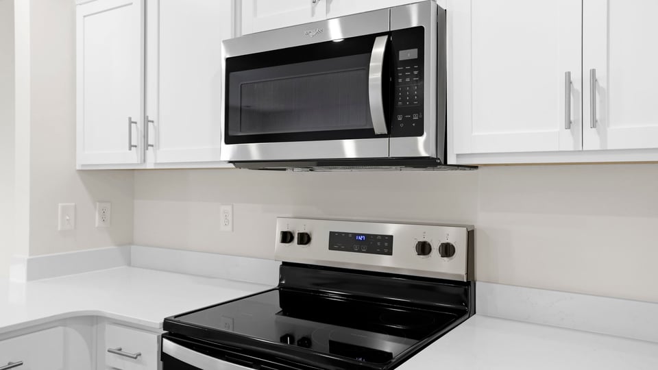 Kitchen with quarts countertops.