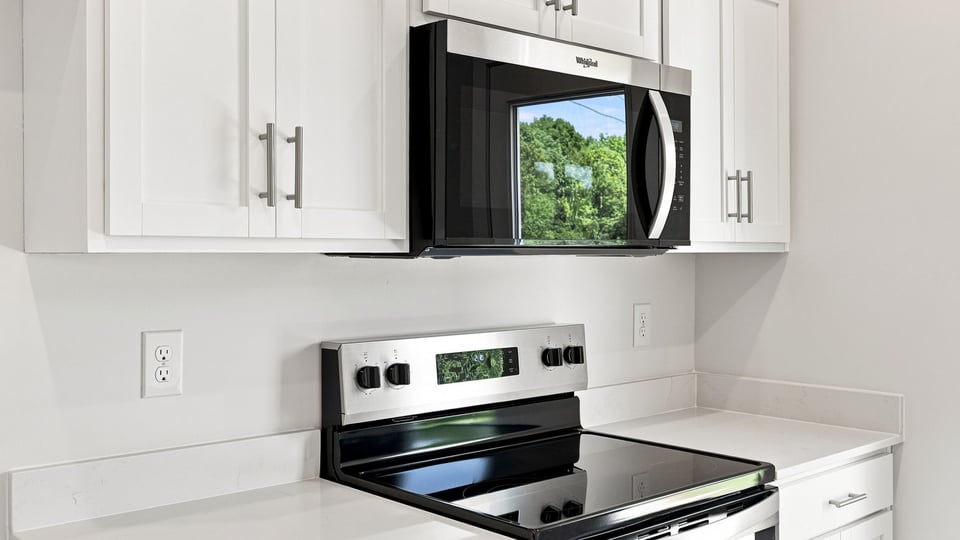 Kitchen with stainless steel appliances.