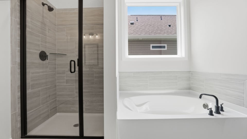 Bathroom with walk in shower and bathtub.