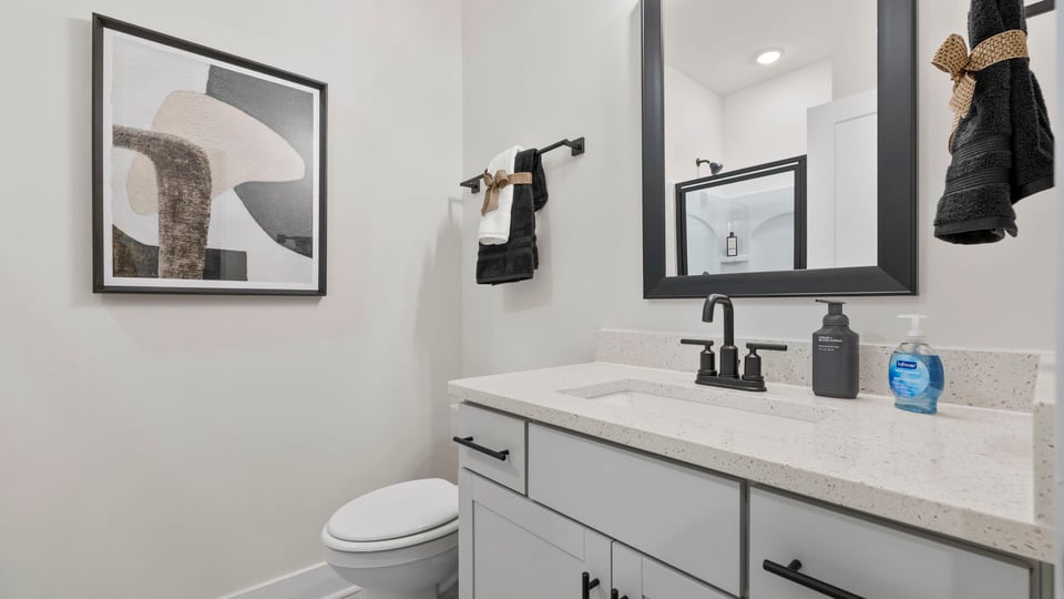 Bathroom with double vanity sink.